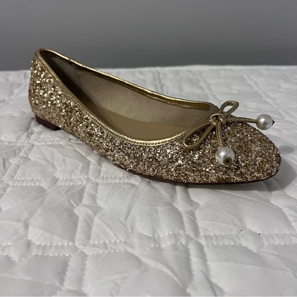 Kate Spade Ellio Ballet Flats Gold Beaded Bow Slip On Shoes 8.5